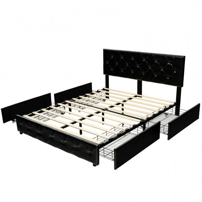 Full Size Black PU Leather Button Tufted Platform Bed with 4 Storage Drawers Image 2