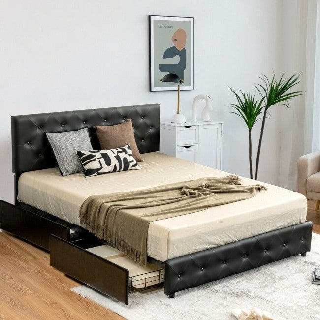 Full Size Black PU Leather Button Tufted Platform Bed with 4 Storage Drawers Image 3