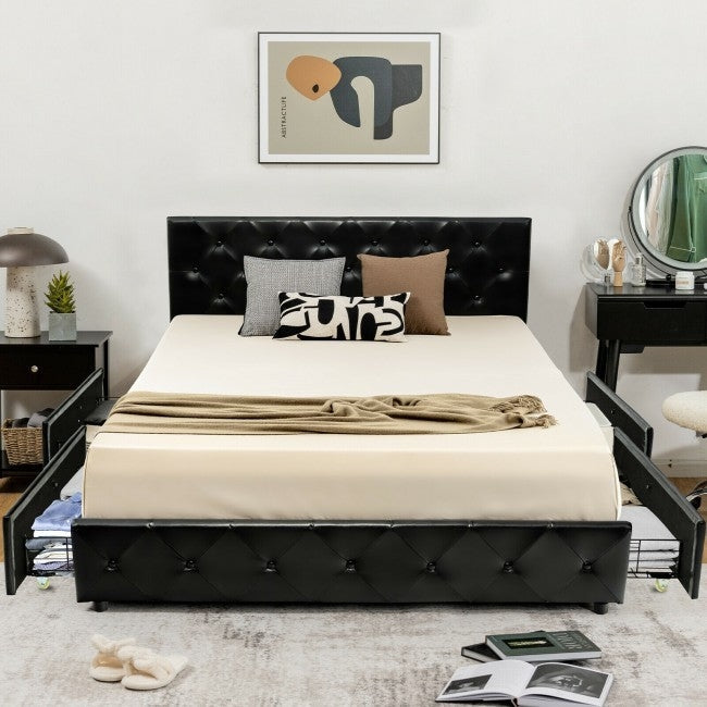 Full Size Black PU Leather Button Tufted Platform Bed with 4 Storage Drawers Image 4