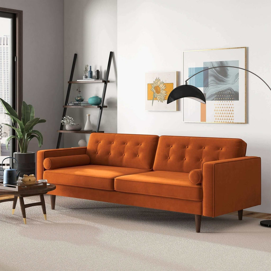 Casey Mid Century Modern Burnt Orange Velvet Sofa Image 1