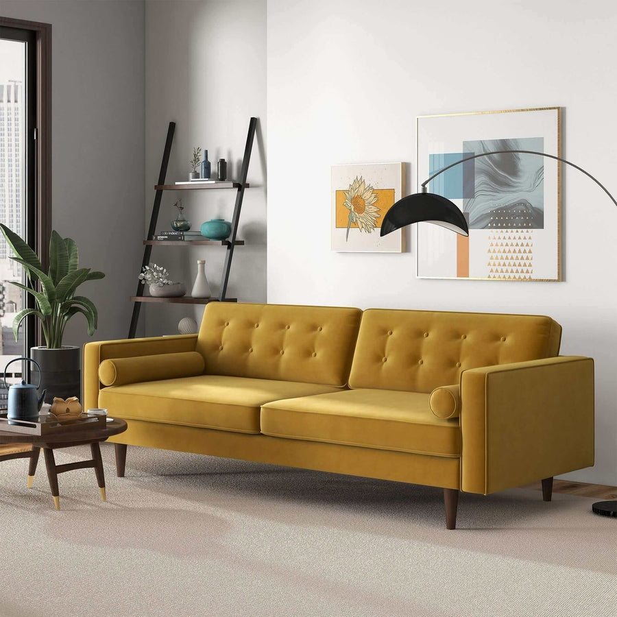 Casey Mid Century Modern Gold Velvet Sofa Image 1