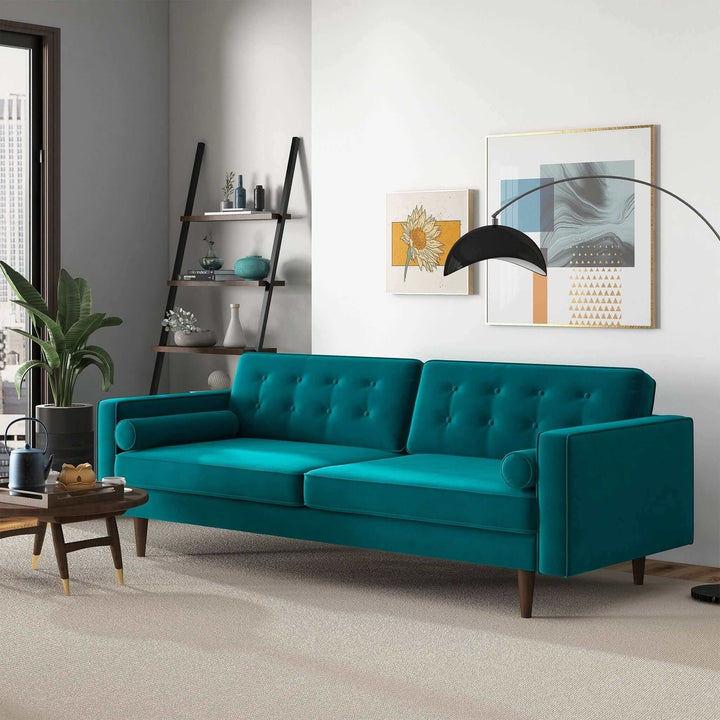 Casey Mid Century Modern Teal Velvet Sofa Image 1