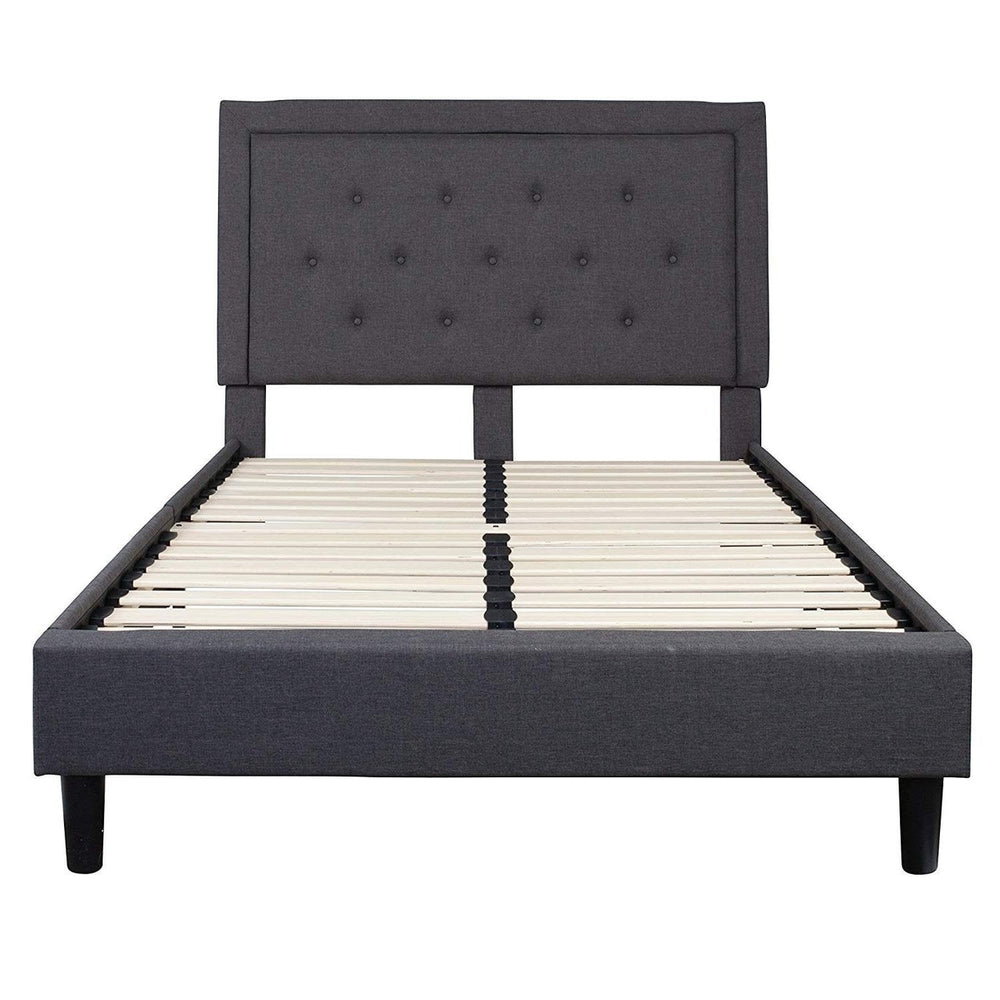 Full size Dark Grey Fabric Upholstered Platform Bed Frame with Tufted Headboard Image 2