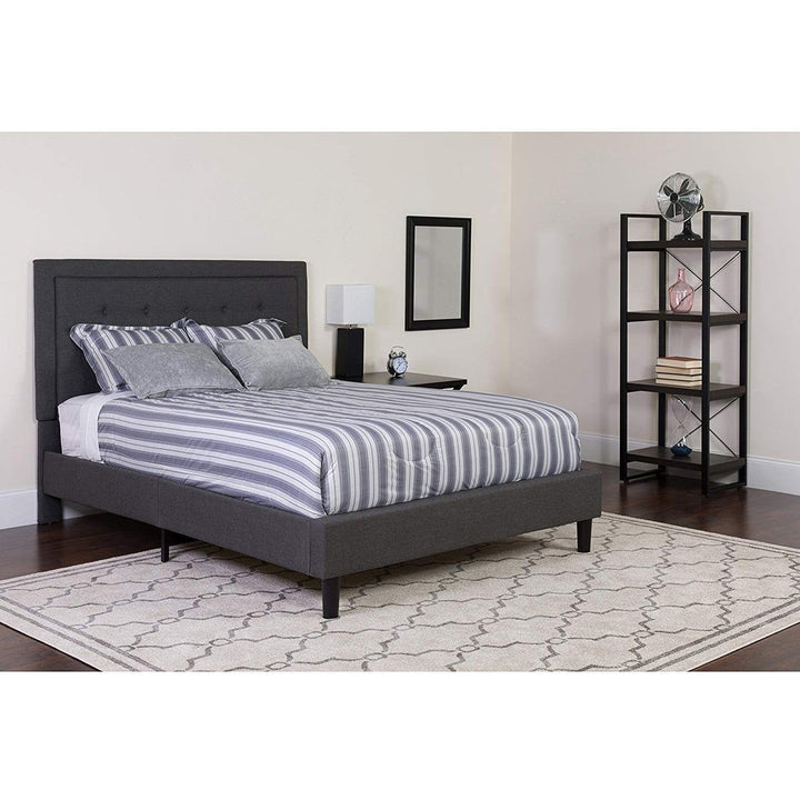 Full size Dark Grey Fabric Upholstered Platform Bed Frame with Tufted Headboard Image 3