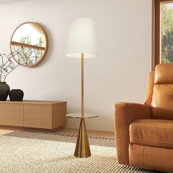 Celestial Modern Floor Lamp with Brass Accent Table with Large White Shade Image 2