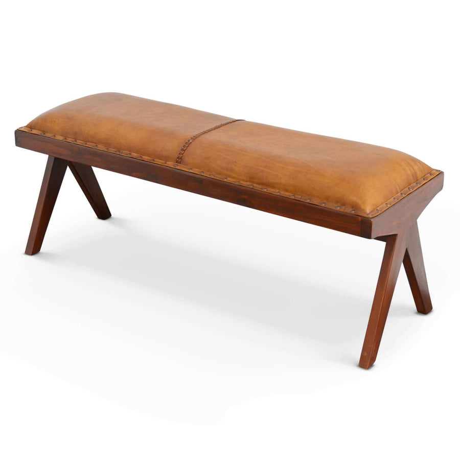 Chad Mid Century Modern Tan Leather Bench Image 1