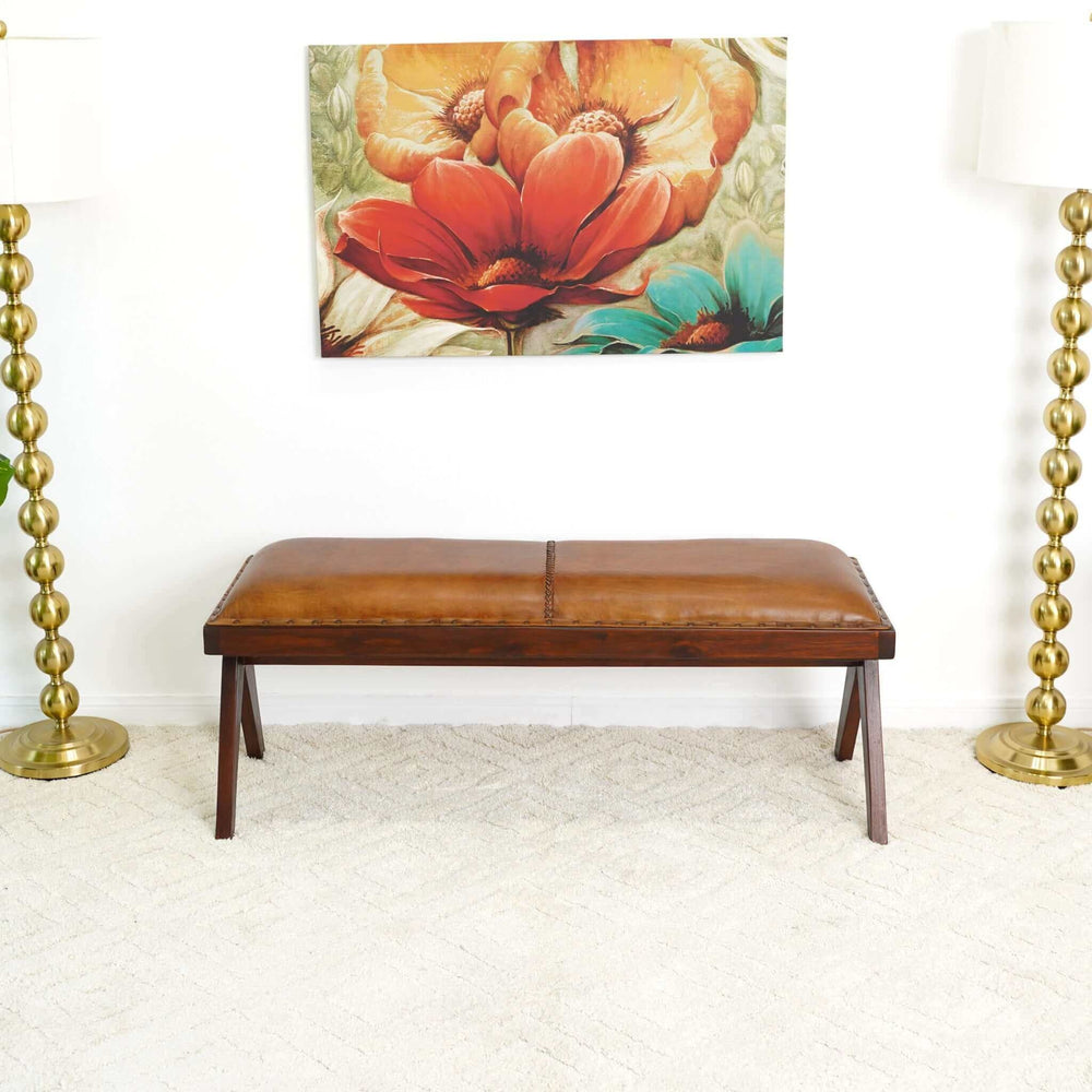 Chad Mid Century Modern Tan Leather Bench Image 2