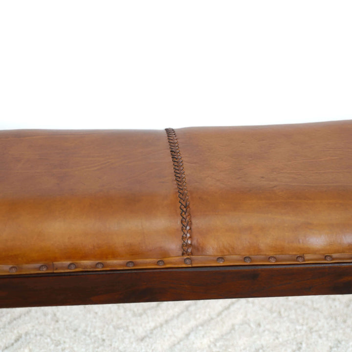 Chad Mid Century Modern Tan Leather Bench Image 3