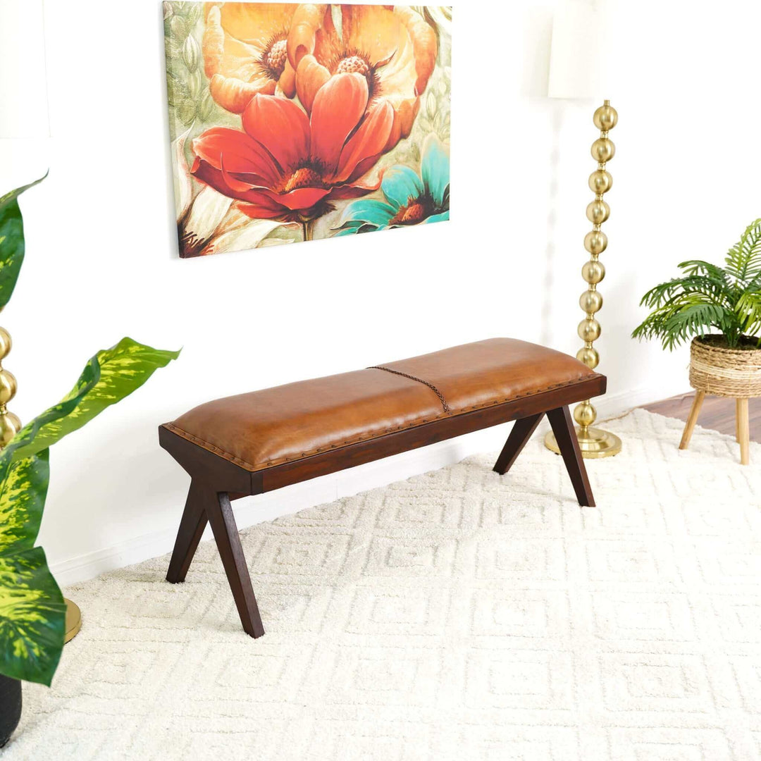 Chad Mid Century Modern Tan Leather Bench Image 5