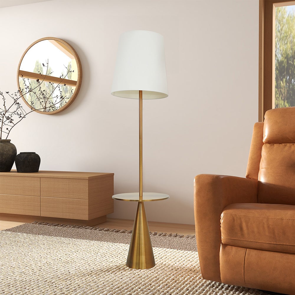 Celestial Modern Floor Lamp with Brass Accent Table with Large White Shade Image 4