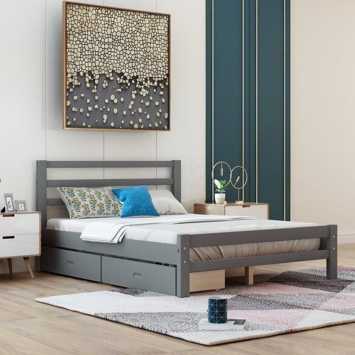 Full size Gray Low Profile 2 Drawer Storage Platform Bed Image 3