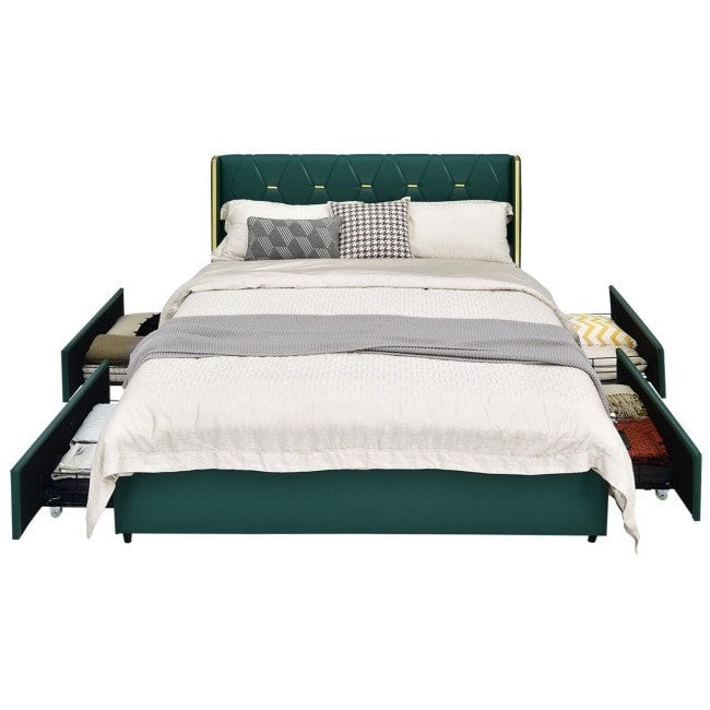 Full Size Green/Gold Linen Headboard 4 Drawer Storage Platform Bed Image 1