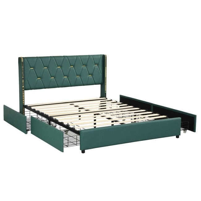 Full Size Green/Gold Linen Headboard 4 Drawer Storage Platform Bed Image 2