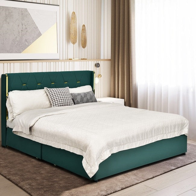 Full Size Green/Gold Linen Headboard 4 Drawer Storage Platform Bed Image 3