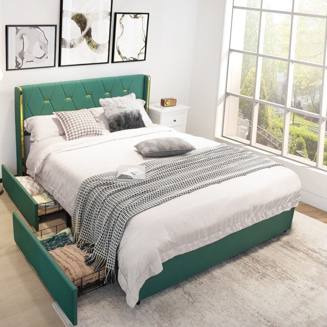 Full Size Green/Gold Linen Headboard 4 Drawer Storage Platform Bed Image 4