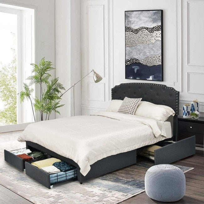 Full Size Grey Linen Adjustable Headboard 4 Drawer Storage Platform Bed Image 3