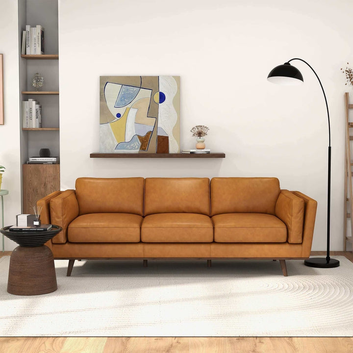 Chase Mid Century Modern Tan Genuine Leather Sofa Image 1