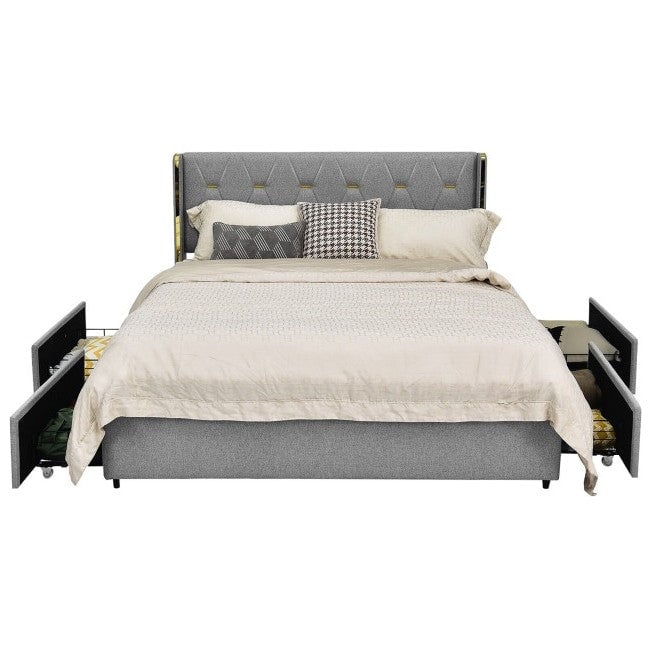 Full Size Grey/Gold Linen Headboard 4 Drawer Storage Platform Bed Image 1