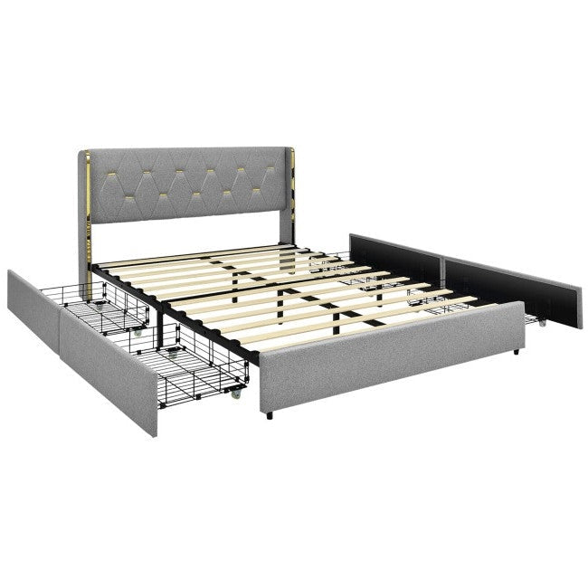 Full Size Grey/Gold Linen Headboard 4 Drawer Storage Platform Bed Image 2