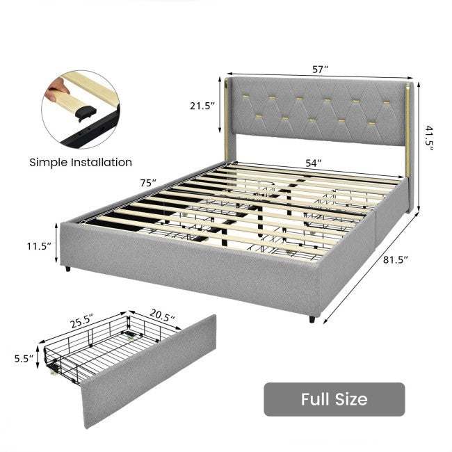 Full Size Grey/Gold Linen Headboard 4 Drawer Storage Platform Bed Image 5