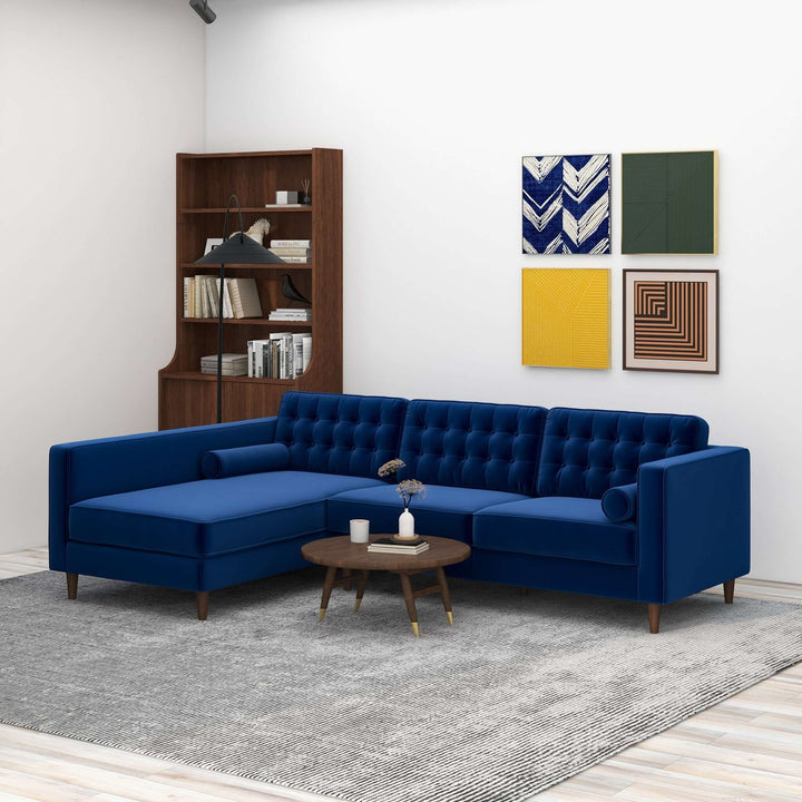 Christian Blue Velvet Sectional Sofa Left Facing Image 1