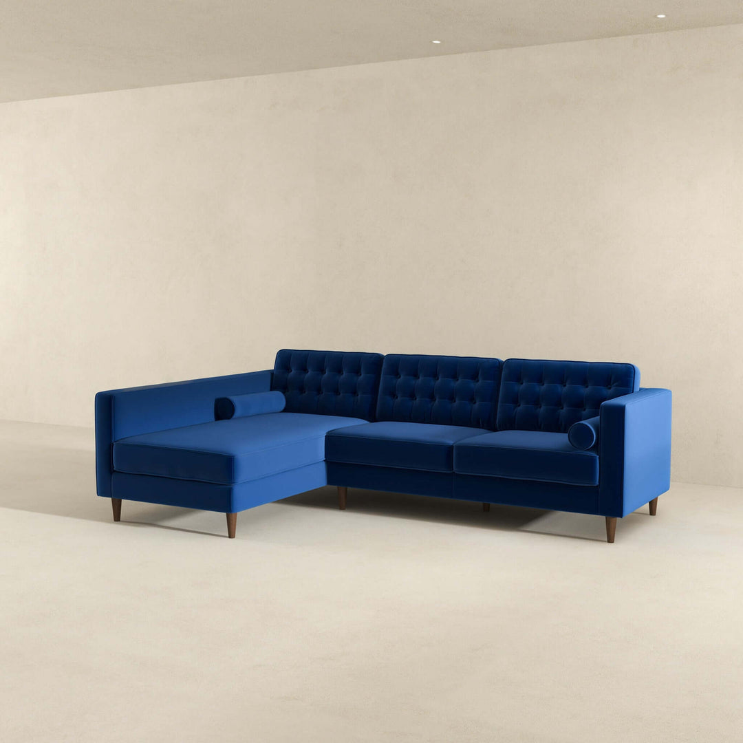 Christian Blue Velvet Sectional Sofa Left Facing Image 4