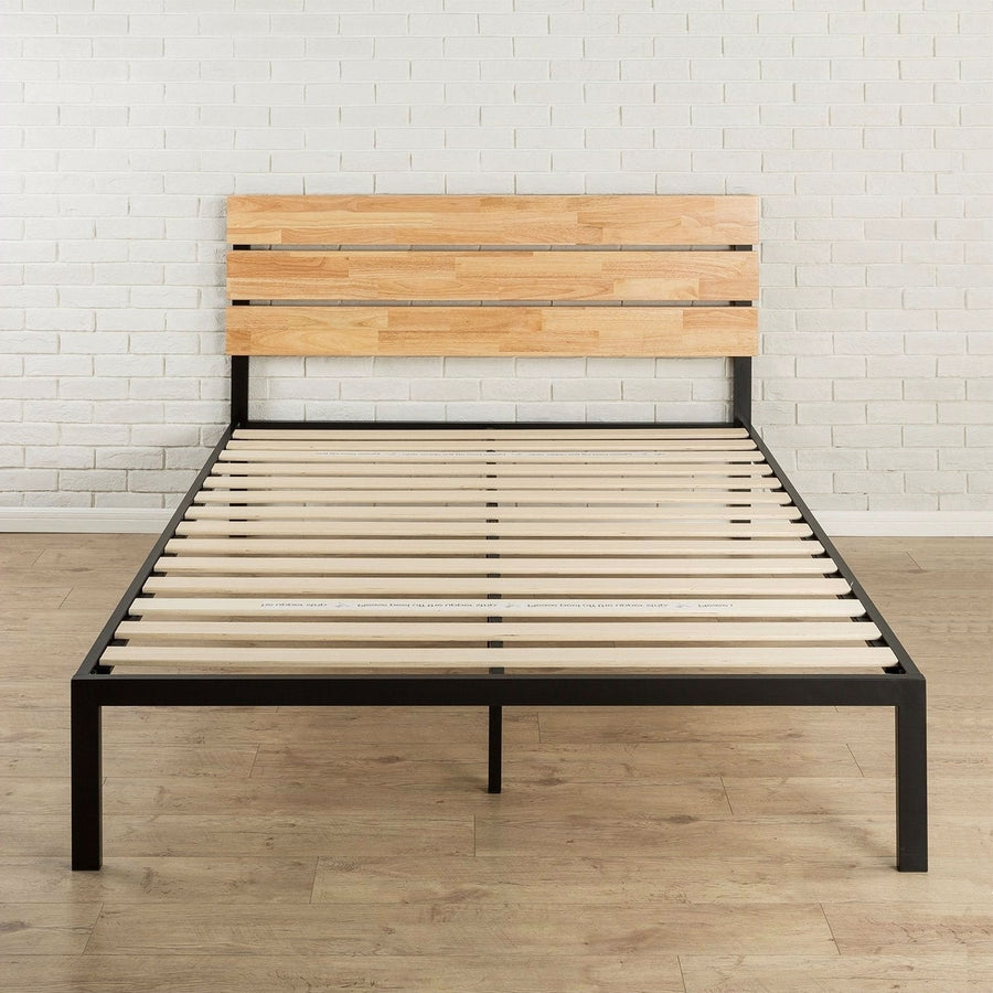 Full size Metal Platform Bed Frame with Wood Slats and Headboard Image 1