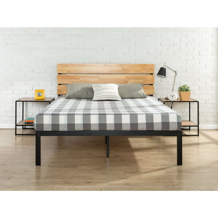 Full size Metal Platform Bed Frame with Wood Slats and Headboard Image 2