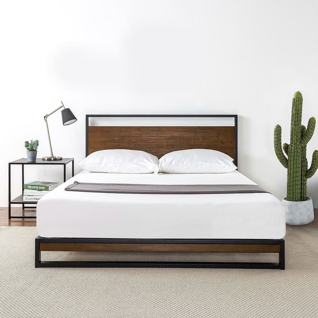 Full size Metal Wood Platform Bed Frame with Headboard Image 3