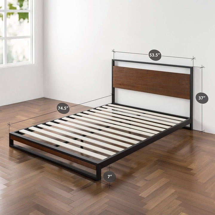 Full size Metal Wood Platform Bed Frame with Headboard Image 4