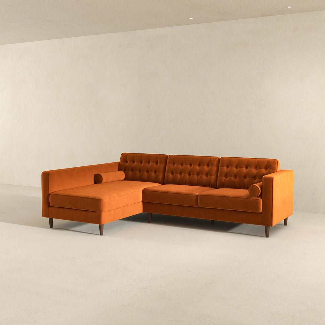 Christian Burnt Orange Velvet Sectional Sofa Left Facing Image 4