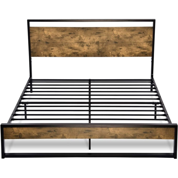 Full size Metal Wood Platform Bed Frame with Industrial Headboard Image 1