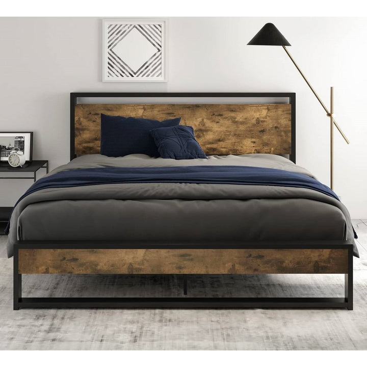 Full size Metal Wood Platform Bed Frame with Industrial Headboard Image 2