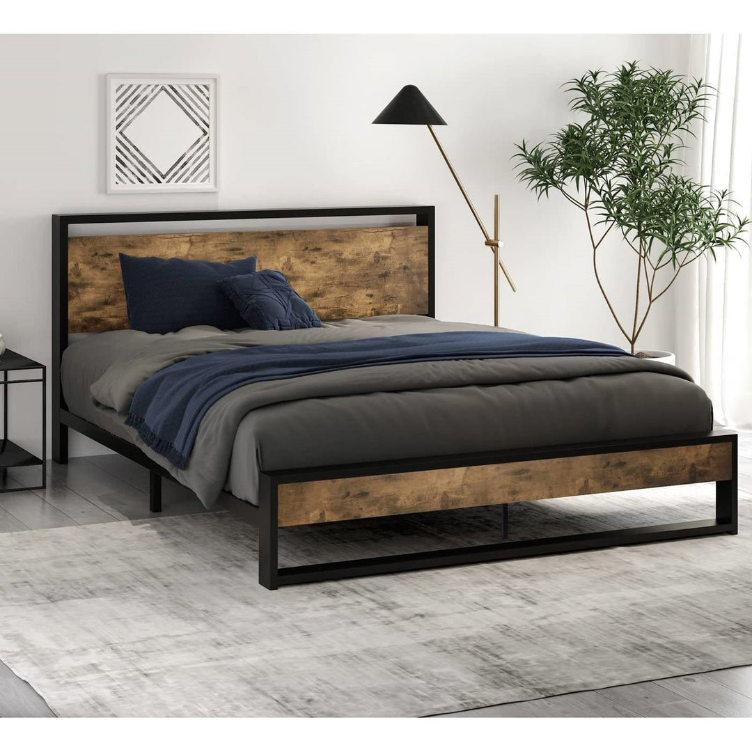 Full size Metal Wood Platform Bed Frame with Industrial Headboard Image 3