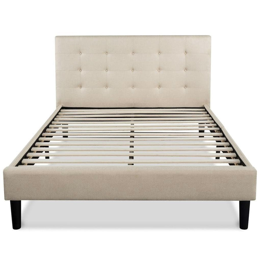 Full size Platform Bed Frame with Taupe Button Tufted Upholstered Headboard Image 1