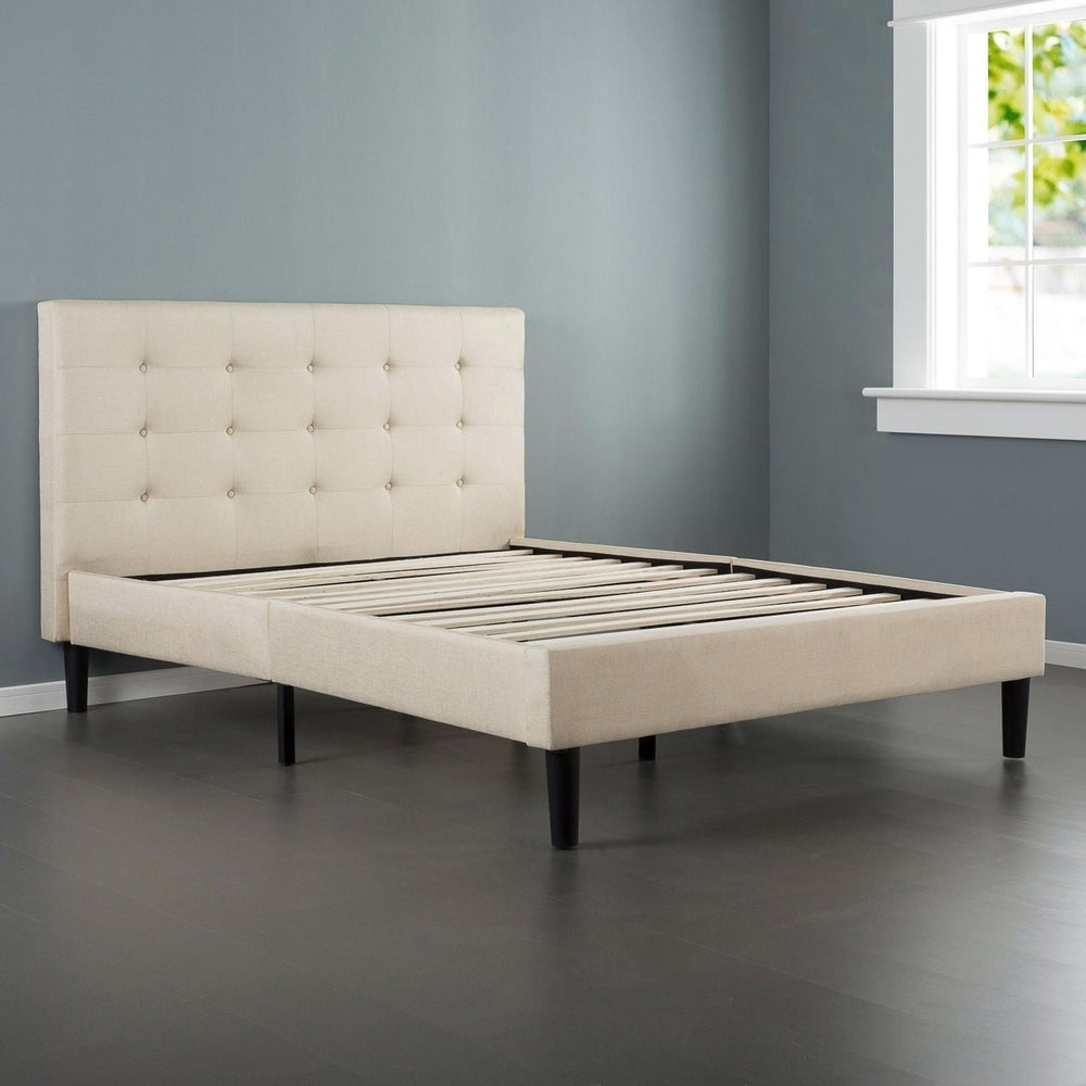 Full size Platform Bed Frame with Taupe Button Tufted Upholstered Headboard Image 2