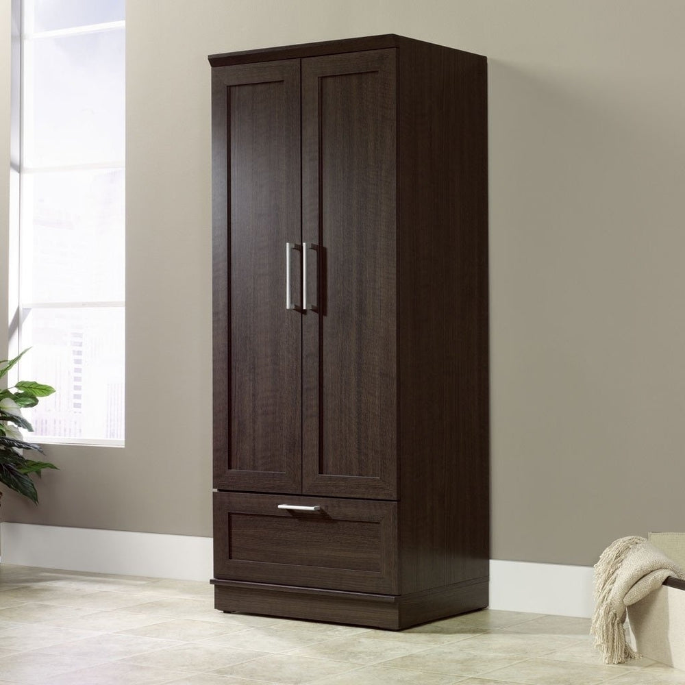 Dark Brown Wood Wardrobe Cabinet Armoire with Garment Rod Image 2