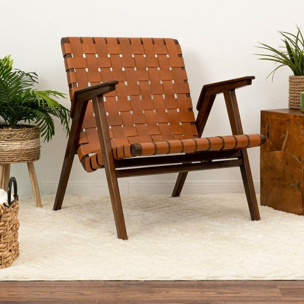 David Genuine Leather Teak Lounge Chair Image 2