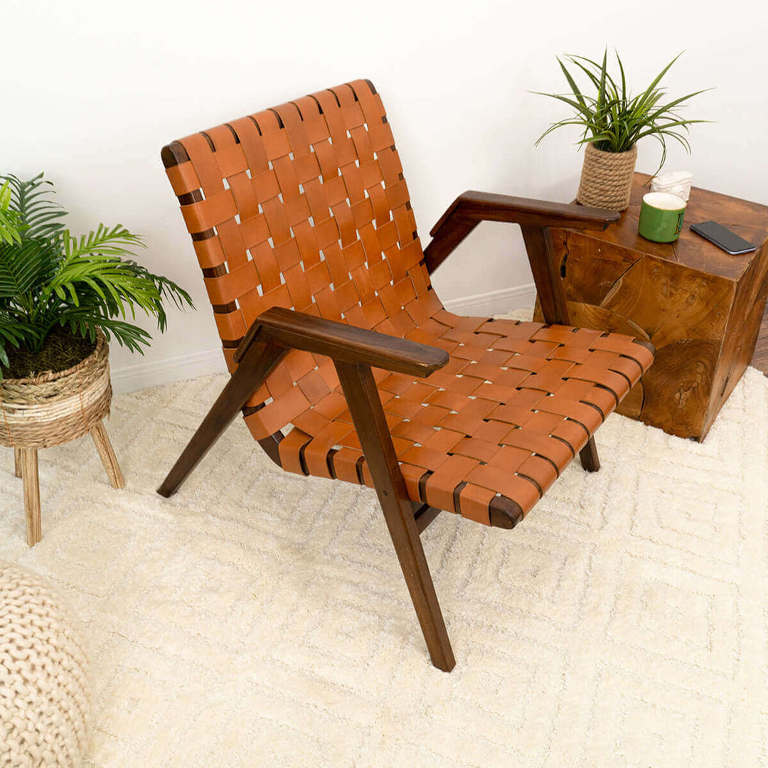 David Genuine Leather Teak Lounge Chair Image 8