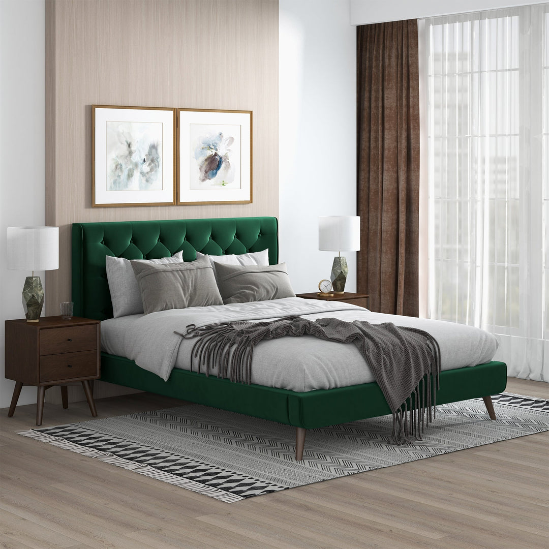 Dillon Dark Green Velvet Platform Bed (Queen Size) Image 2