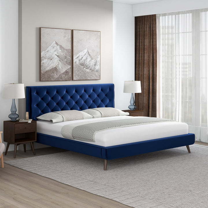 Dillon Blue Velvet Platform Bed (King Size) Image 2