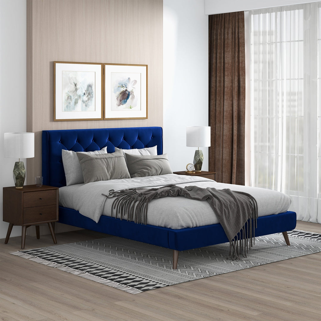 Dillon Blue Velvet Platform Bed (Queen Size) Image 3