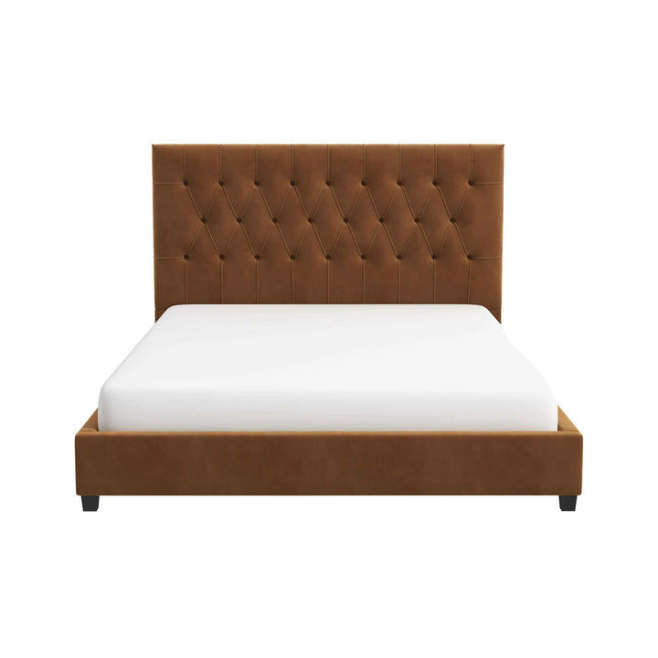 Donald Mid Century Modern Cognac Velvet Platform Bed Queen Image 1