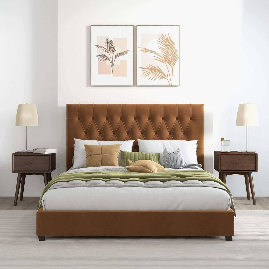 Donald Mid Century Modern Cognac Velvet Platform Bed Queen Image 3