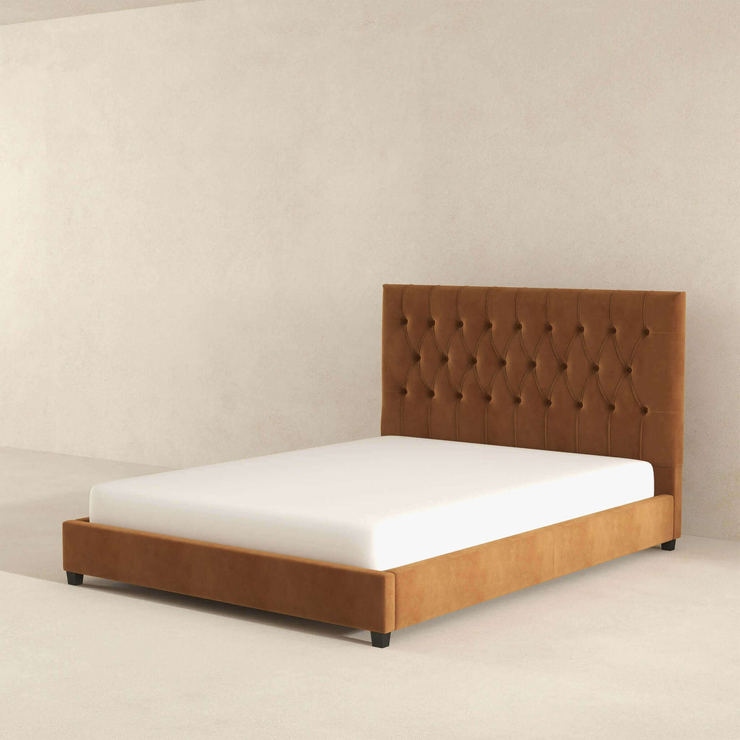 Donald Mid Century Modern Cognac Velvet Platform Bed Queen Image 5