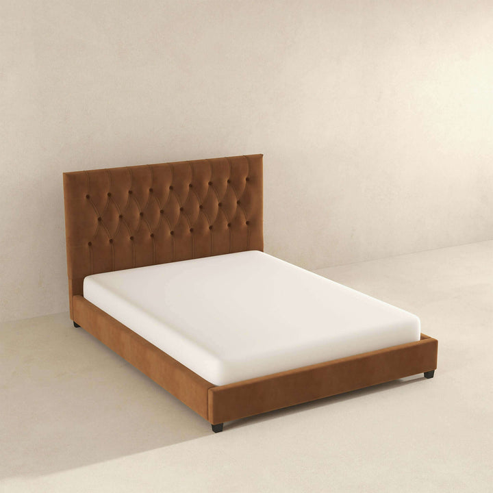 Donald Mid Century Modern Cognac Velvet Platform Bed Queen Image 6