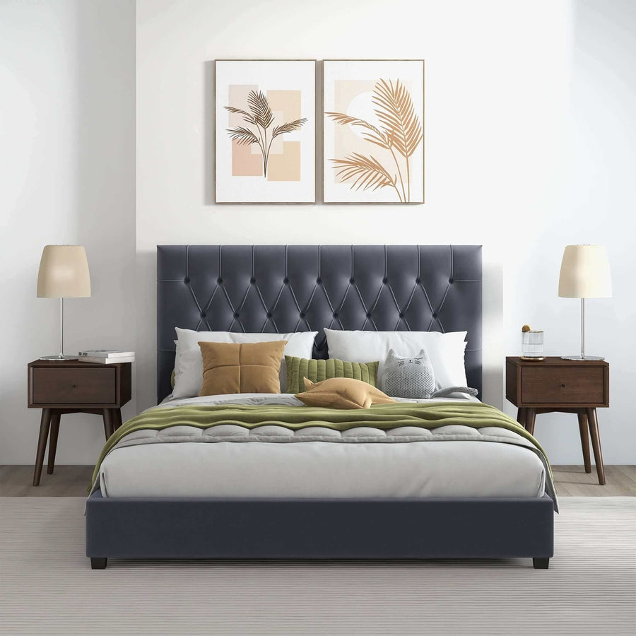 Donald Mid Century Modern Grey Velvet Platform Bed Queen Image 1