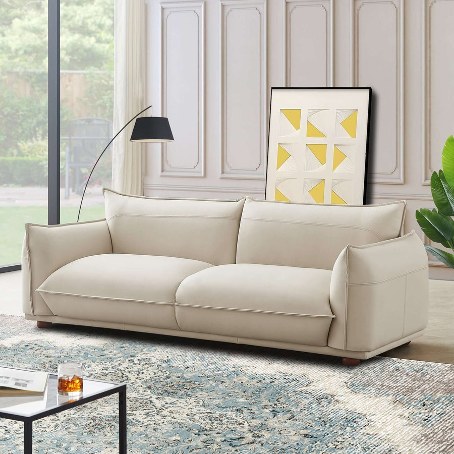 Emma Mid Century Modern Luxury Cream Leather Sofa Image 1