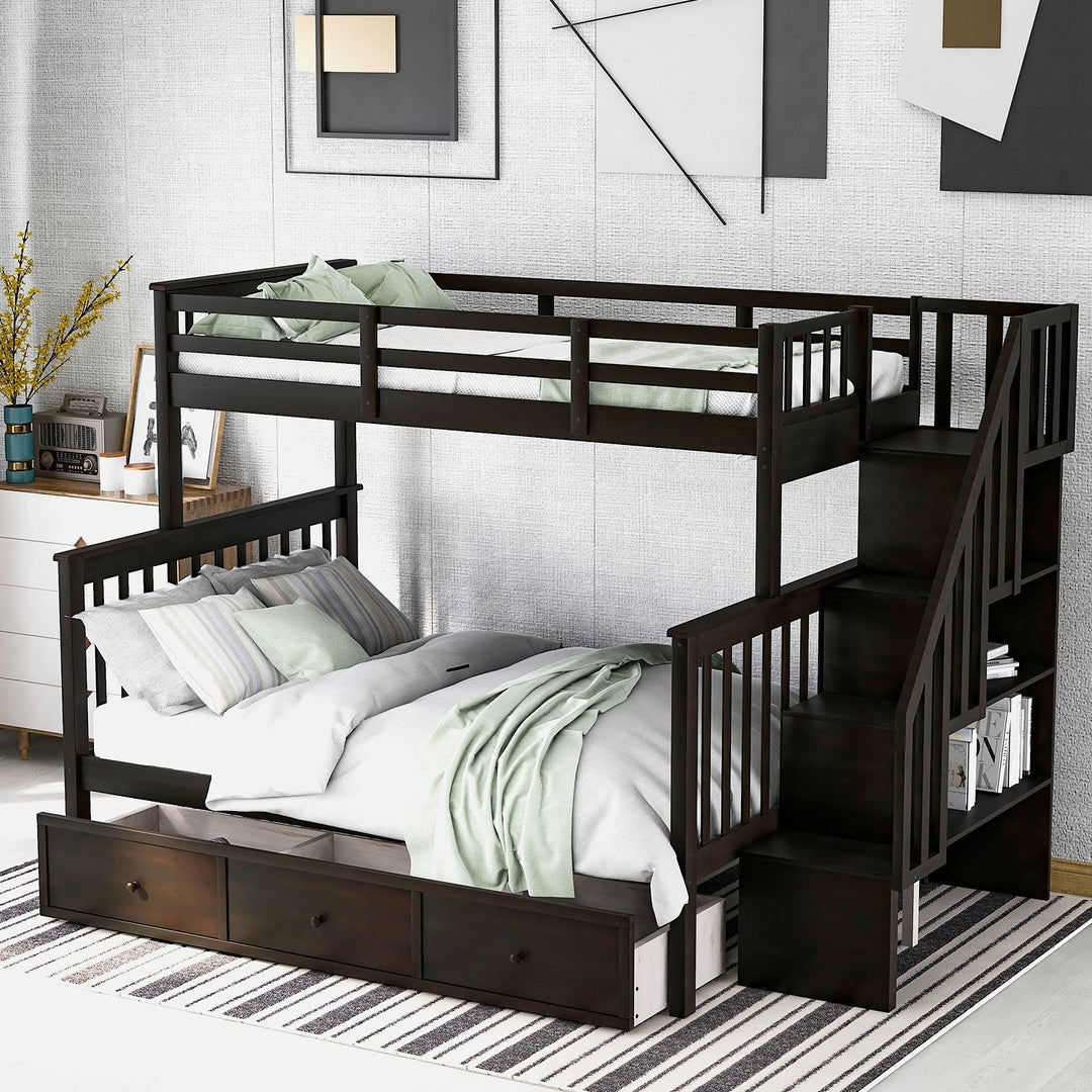 Espresso Twin Over Full Contemporary Bunk Bed With Stairs And Shelves Image 1