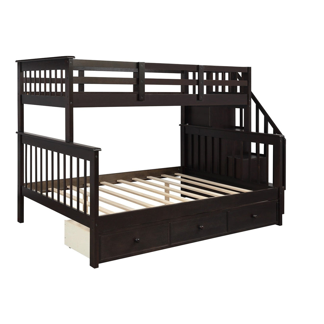 Espresso Twin Over Full Contemporary Bunk Bed With Stairs And Shelves Image 4